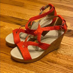 Banana Republic Red/Orange Strappie Wedge Cork Heels
